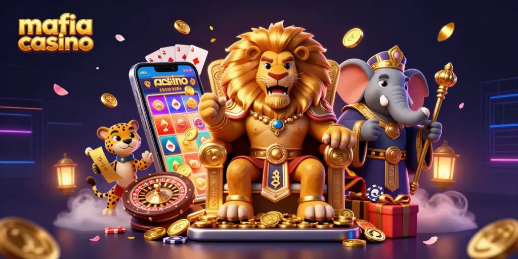 Mafia casino scene showcasing a lion king on a gold throne with vibrant casino game elements.