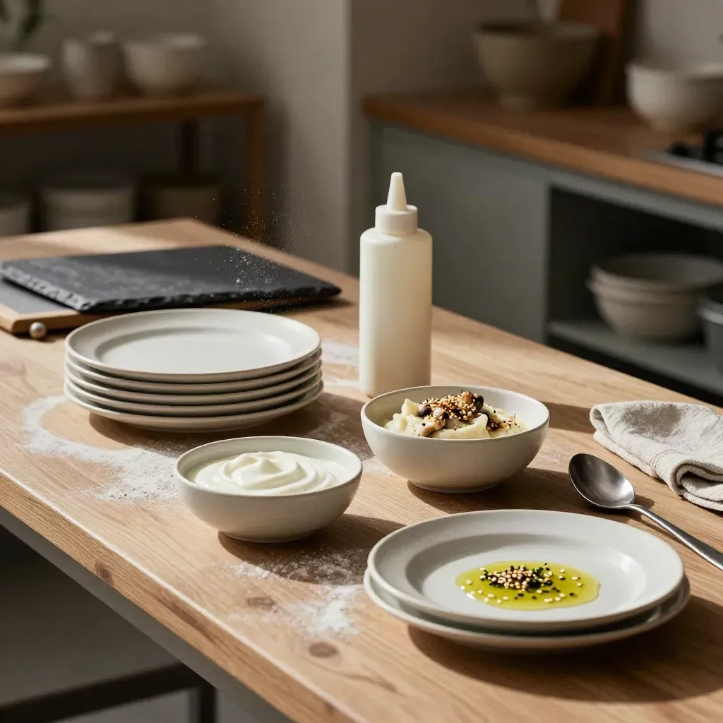 Postazione di corso food styling con piatti, ciotole ingredienti e lavagna in cucina-studio.