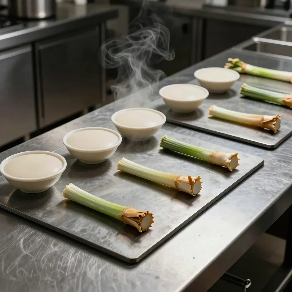Prep station di catering con teglie coperte, vassoi porzionati e gambi di verdura riusati come garnish.