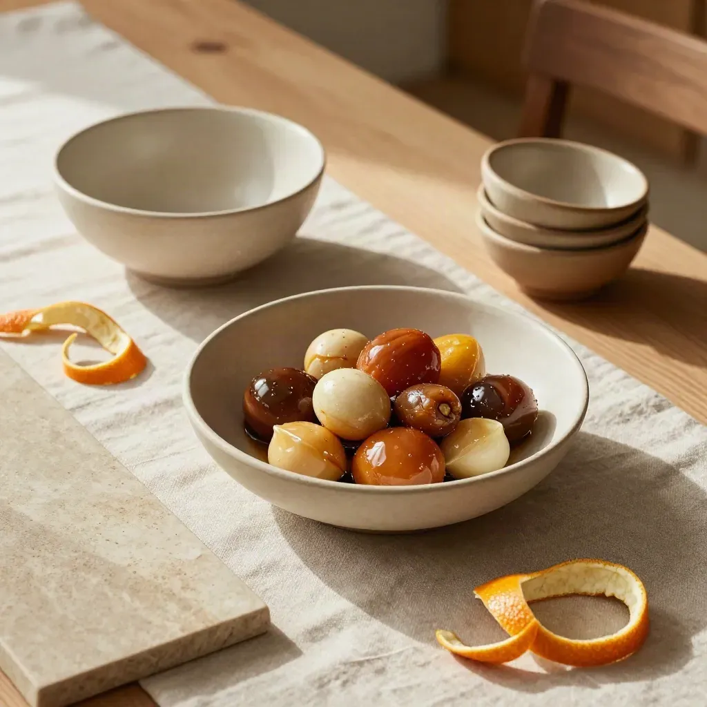 Flat lay di creator food con bowl, ceramiche di scorta e scorze d’agrumi su lino crema.