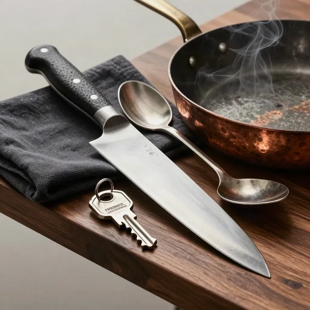 Coltello, cucchiaio da assaggio e rame segnato dal calore con vapore di cipolla su legno noce.