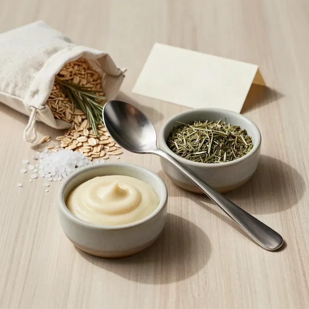 Cucchiaio da degustazione, ciotole campione, sale e lino con erbe su legno chiaro.
