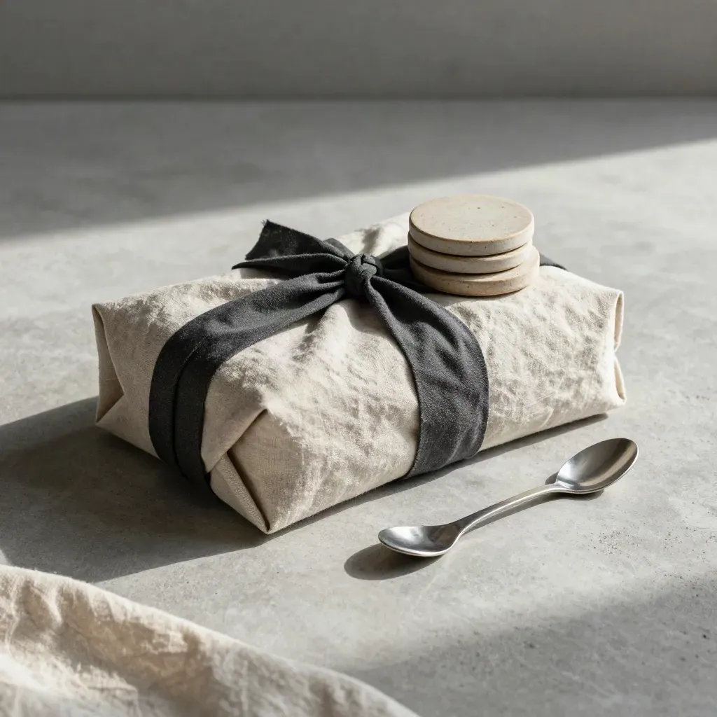Kit operativo in lino con ceramiche campione e utensili su cemento, luce morbida laterale.