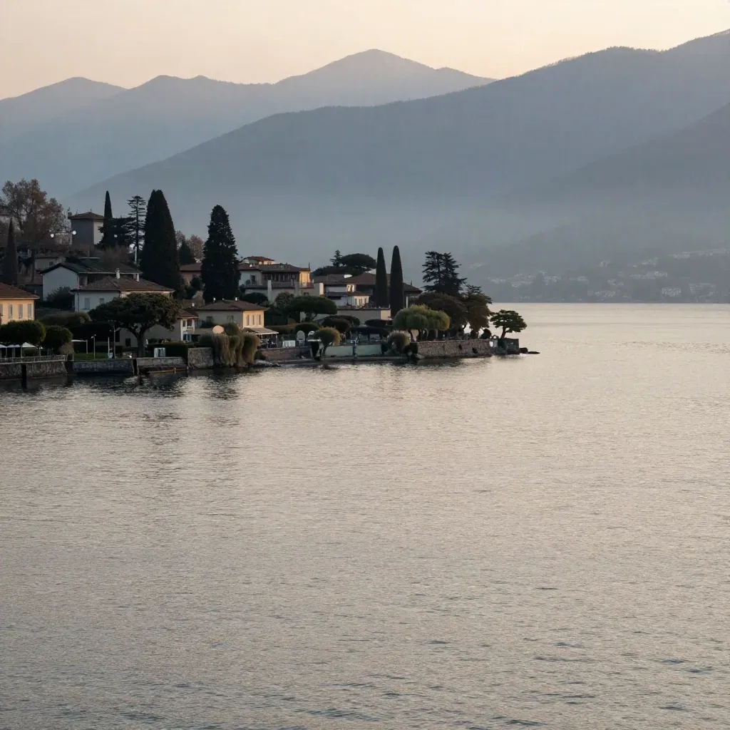 Vista aerea del Lago di Como al tramonto, con montagne velate e acqua calma.