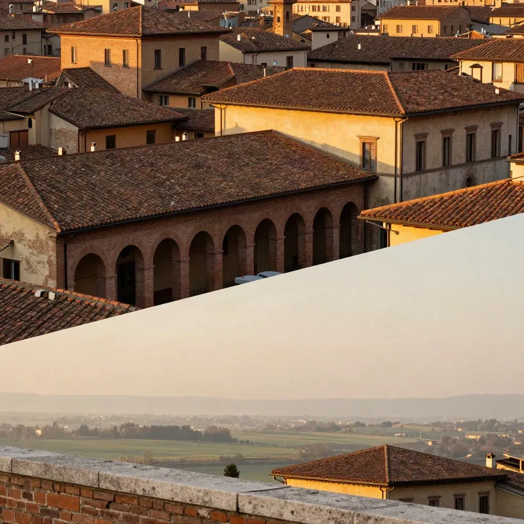 Bologna al tramonto con tetti in terracotta e portici alti, cielo caldo e luce morbida.