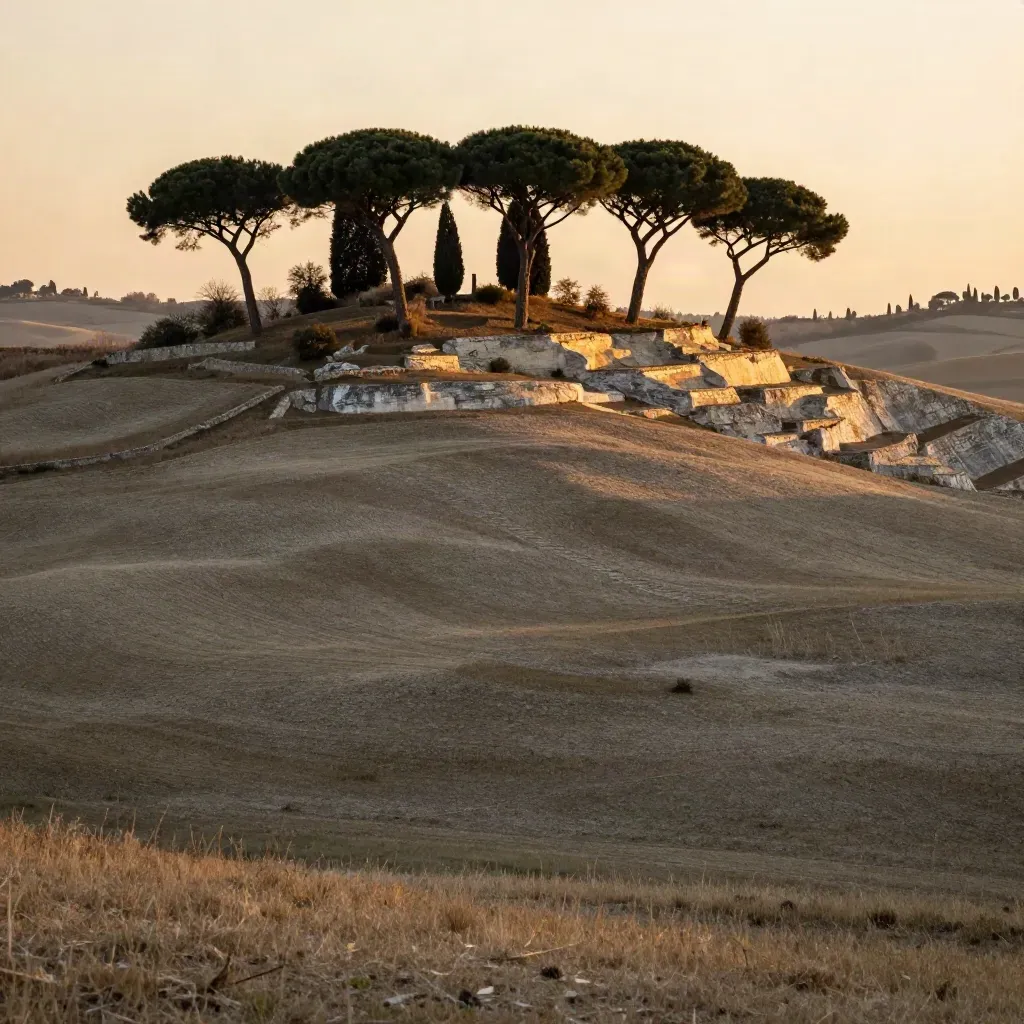 Colline del Lazio al tramonto con pini, pietra antica e pianura morbida