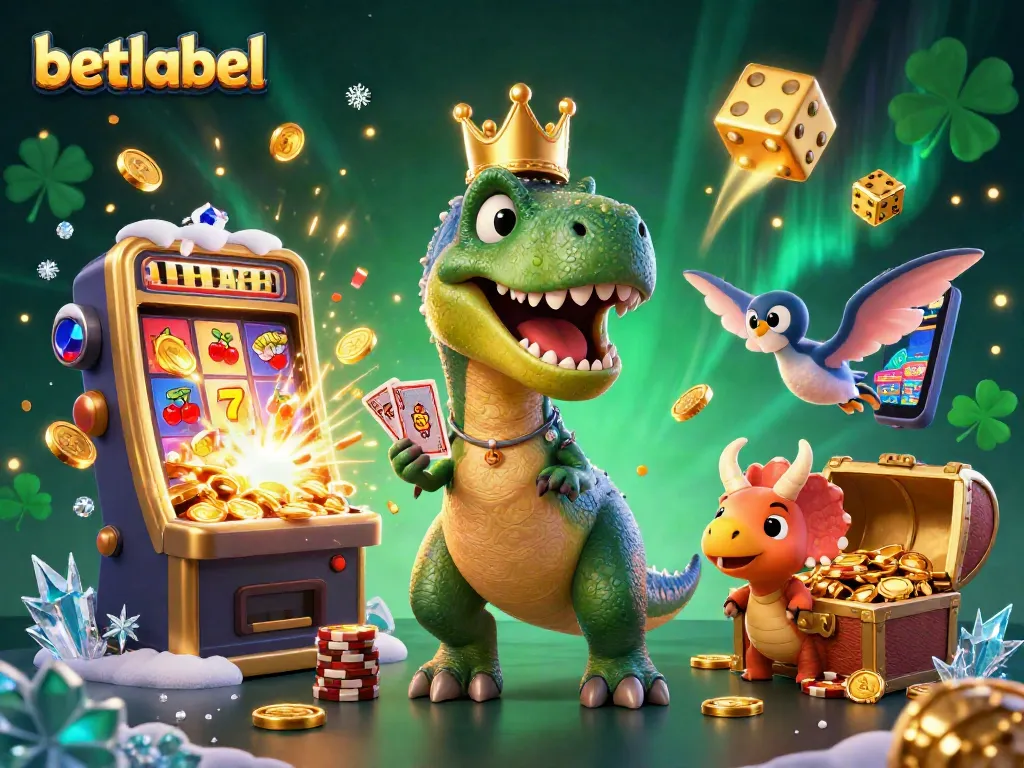 Experience the fun of betlabel with a T-Rex shuffling cards and vibrant casino elements.
